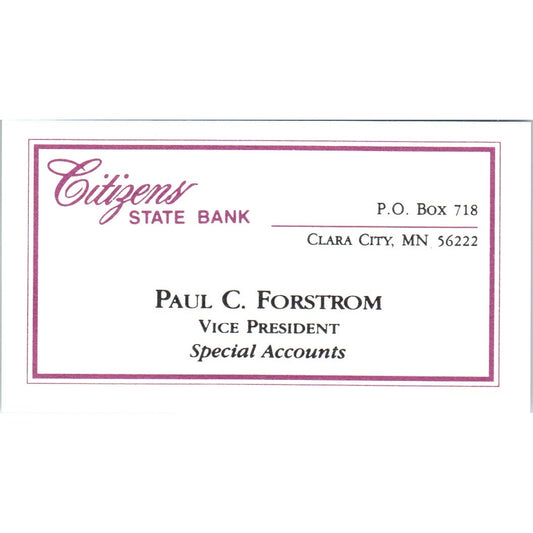 Paul C Forstrom Citizens State Bank Clara City MN Vintage Business Card SD8-B19