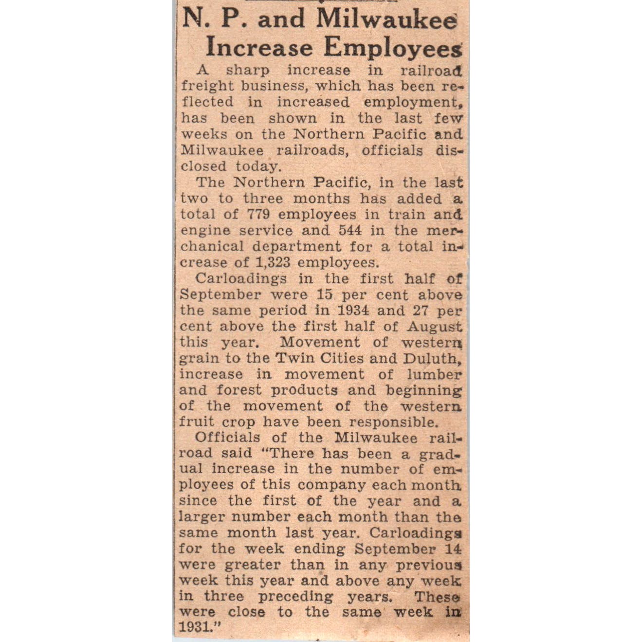 N.P. & Milwaukee RR Increases Employees 1935 Minneapolis Journal Article AE7-N5