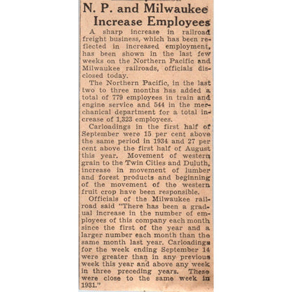 N.P. & Milwaukee RR Increases Employees 1935 Minneapolis Journal Article AE7-N5