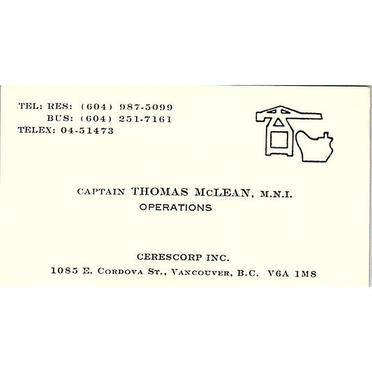 Capt Thomas McLean Cerescorp Vancouver BC Vintage Business Card SC9-B3