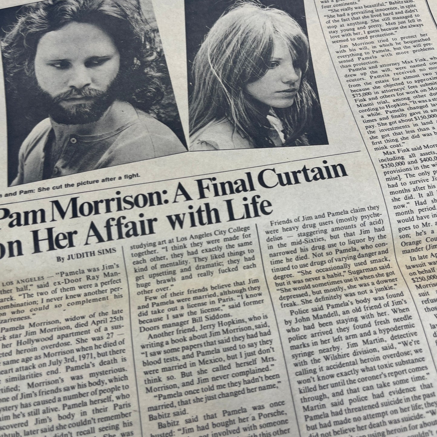 Pam Morrison Article Judith Sims Jim Morrison's Wife 11x14.5" 1974 Ad V14-2