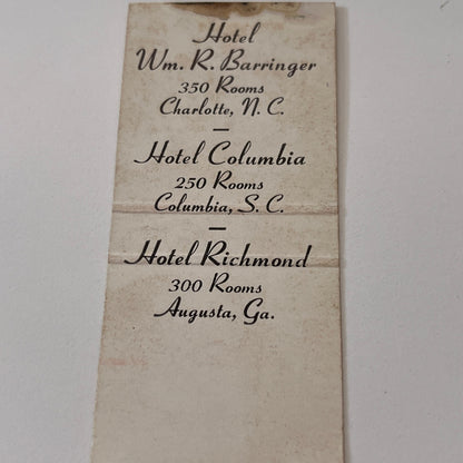 Wm. R. Barringer Hotels Charlotte NC Vintage Matchbook Cover TB6-MB2-1