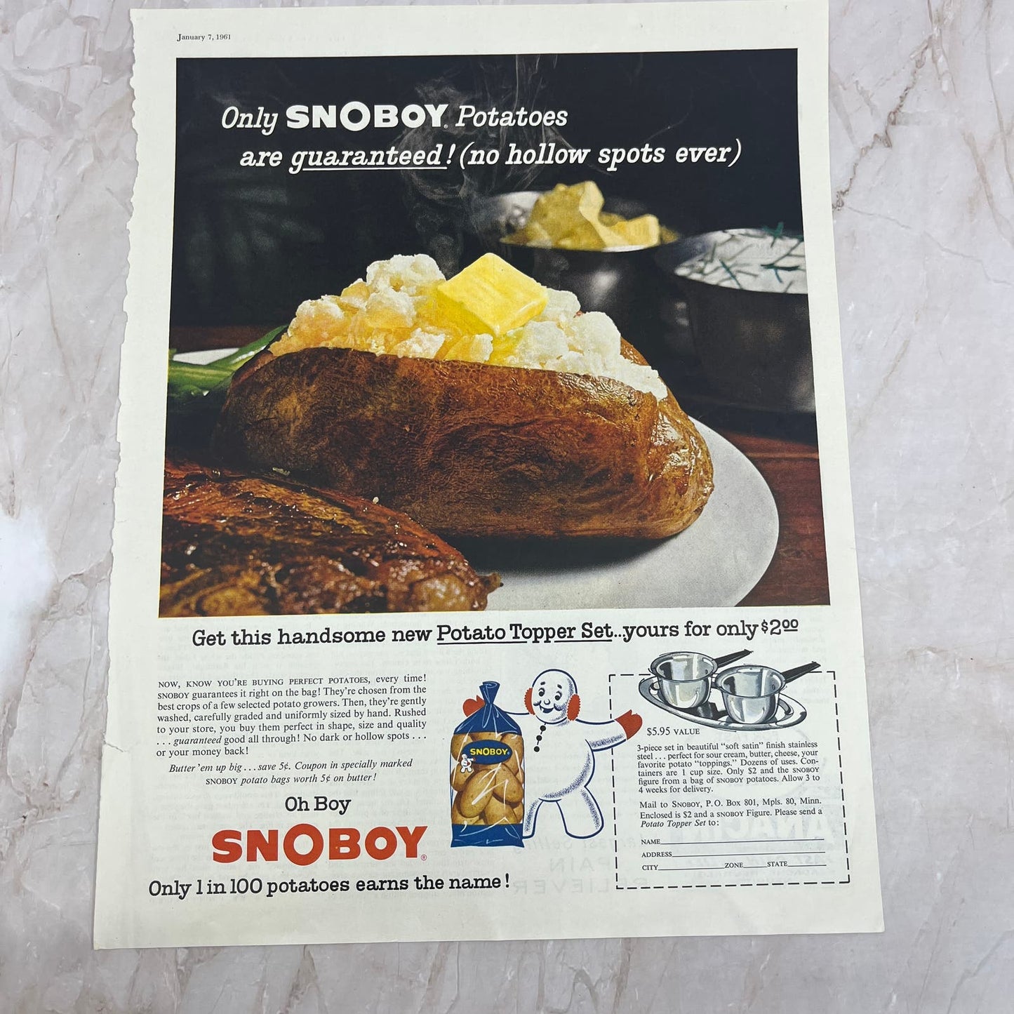 1961 Snoboy Potatoes Topper Set Offer 10x13 Magazine Advertisement FL6-7