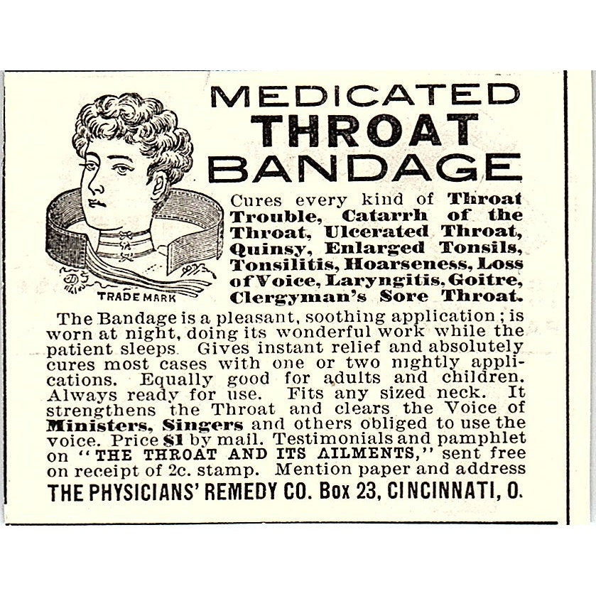 The Physicians Remedy Co Medicated Throat Bandage Cincinnati 1892 Ad AG2-S26