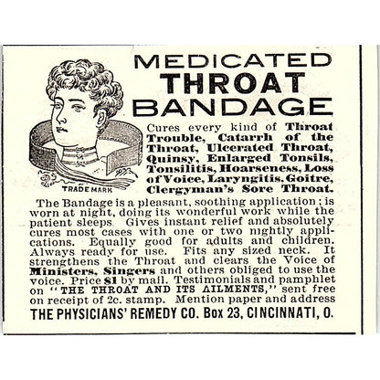The Physicians Remedy Co Medicated Throat Bandage Cincinnati 1892 Ad AG2-S26