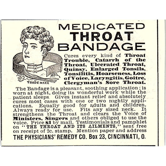 The Physicians Remedy Co Medicated Throat Bandage Cincinnati 1892 Ad AG2-S26