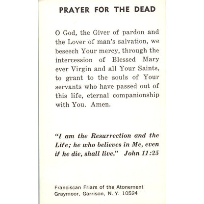 Prayer for the Dead Franciscan Friars Graymoor Vtg Catholic Prayer Card TH2-PC1