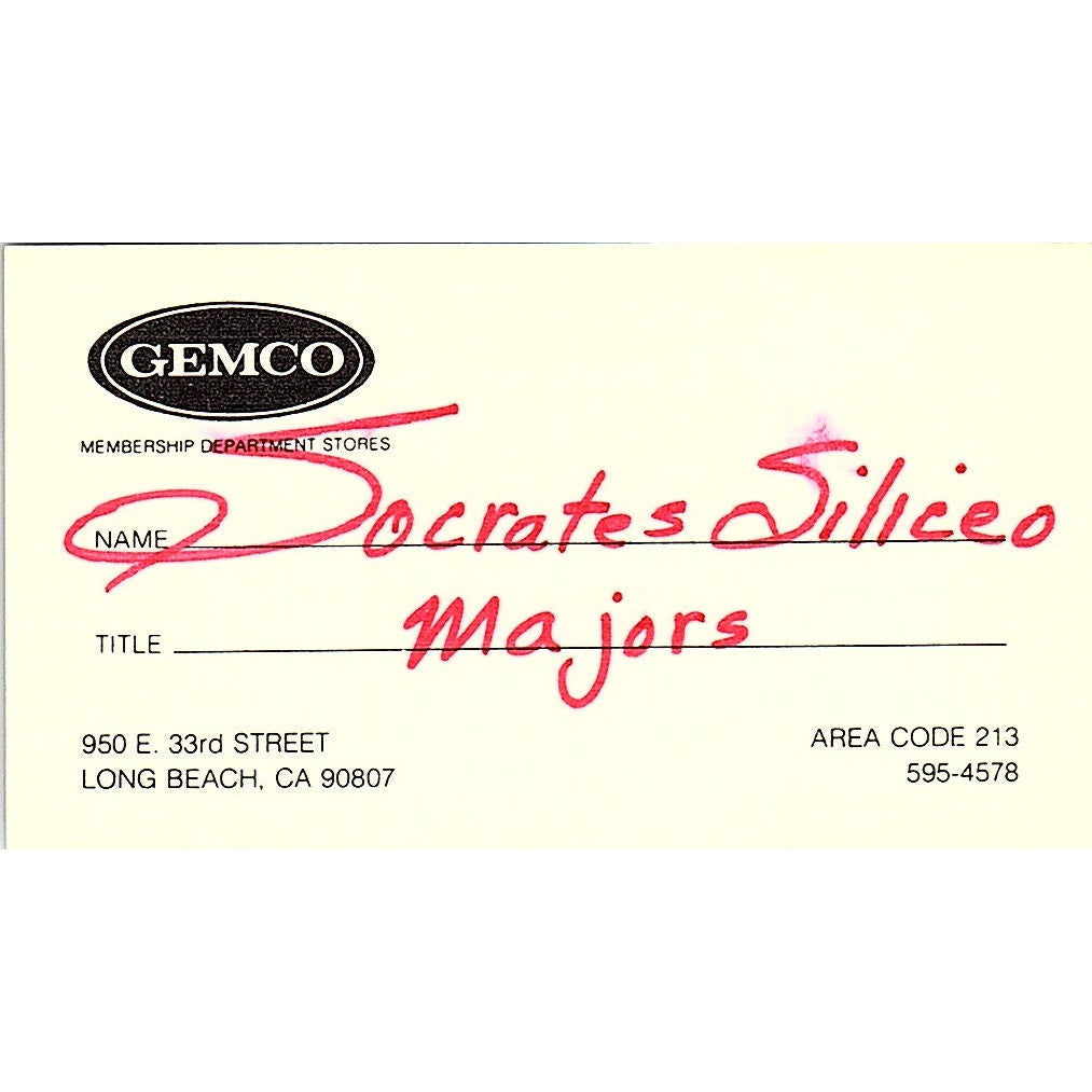 Gemco Socrates Siliceo Majors Long Beach CA Vintage Business Card SB4-B8