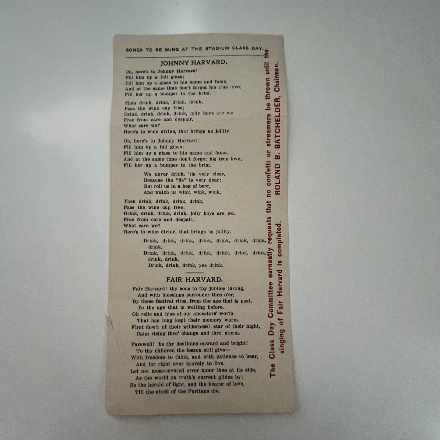 Johnny Harvard, Fair Harvard Stadium Class Day Song Card c1910 Batchelder AK1-1