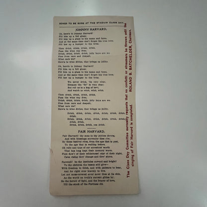 Johnny Harvard, Fair Harvard Stadium Class Day Song Card c1910 Batchelder AK1-1