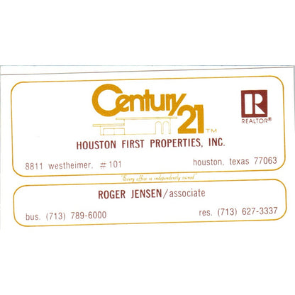 Roger Jensen Houston First Properties Century 21 Realty TX Business Card SD4-B5
