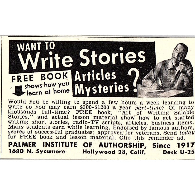 Palmer Institute of Authorship Hollywood CA 1955 Ad AF9-S3