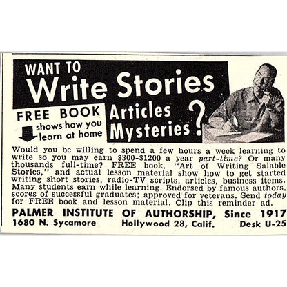 Palmer Institute of Authorship Hollywood CA 1955 Ad AF9-S3