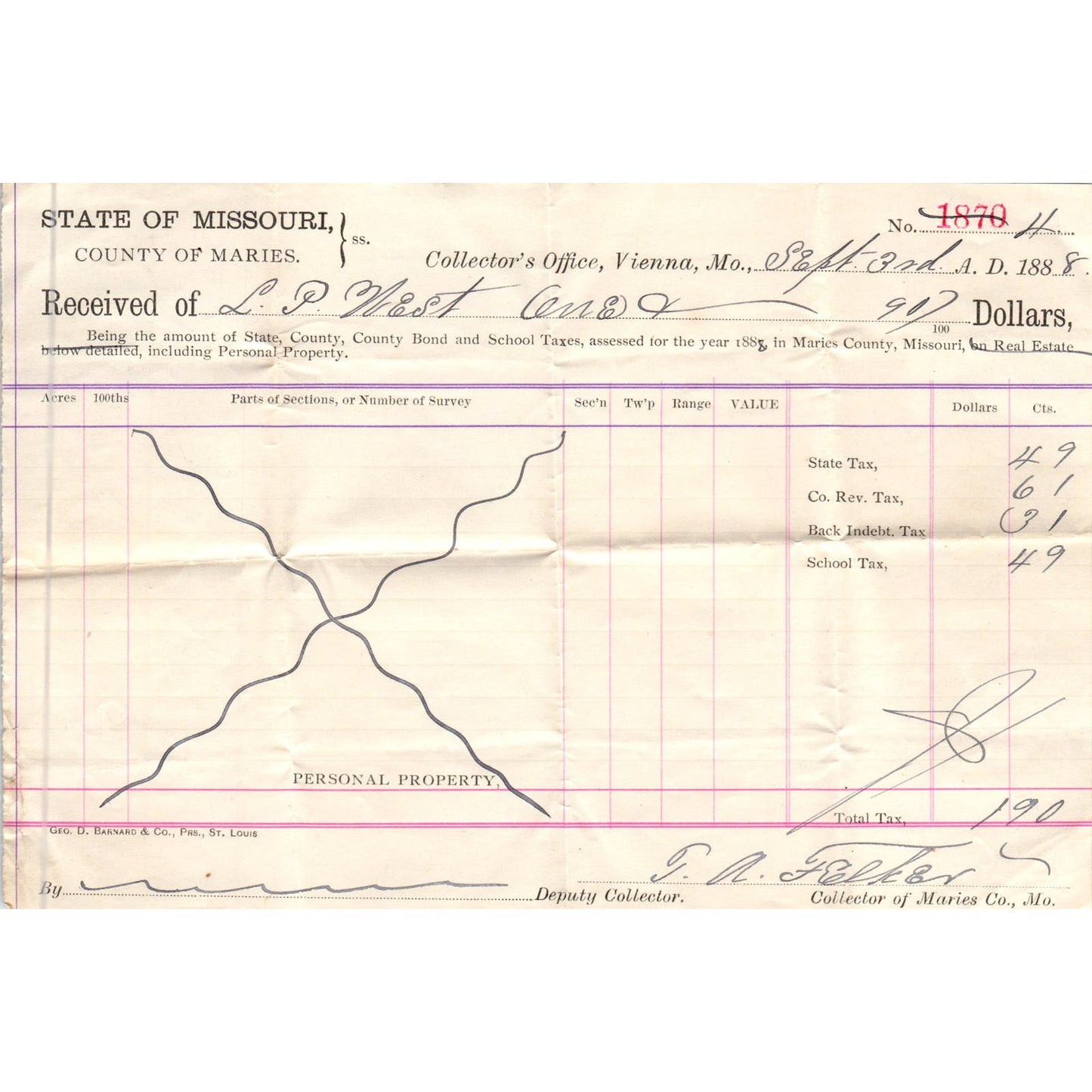 1888 Missouri County of Maries Tax Collector Receipt Vienna MO AE7