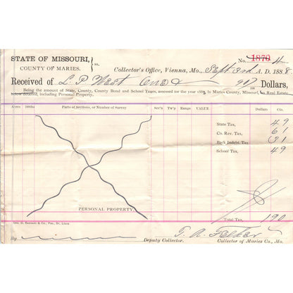 1888 Missouri County of Maries Tax Collector Receipt Vienna MO AE7