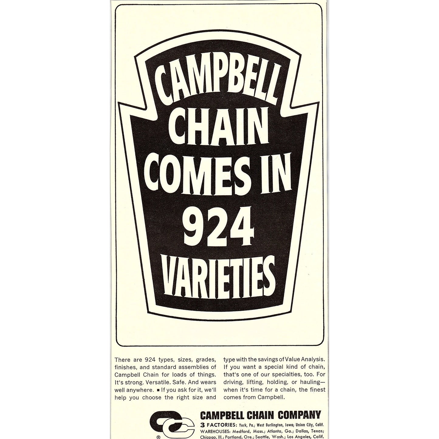 Campbell Chain Company - York, West Burlington, Union City 1967 Ad AG1-16