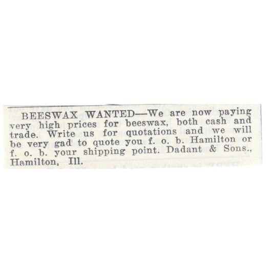 Dadant & Sons Beeswax Wanted Hamilton Illinois 1926 Ad AG3-S22