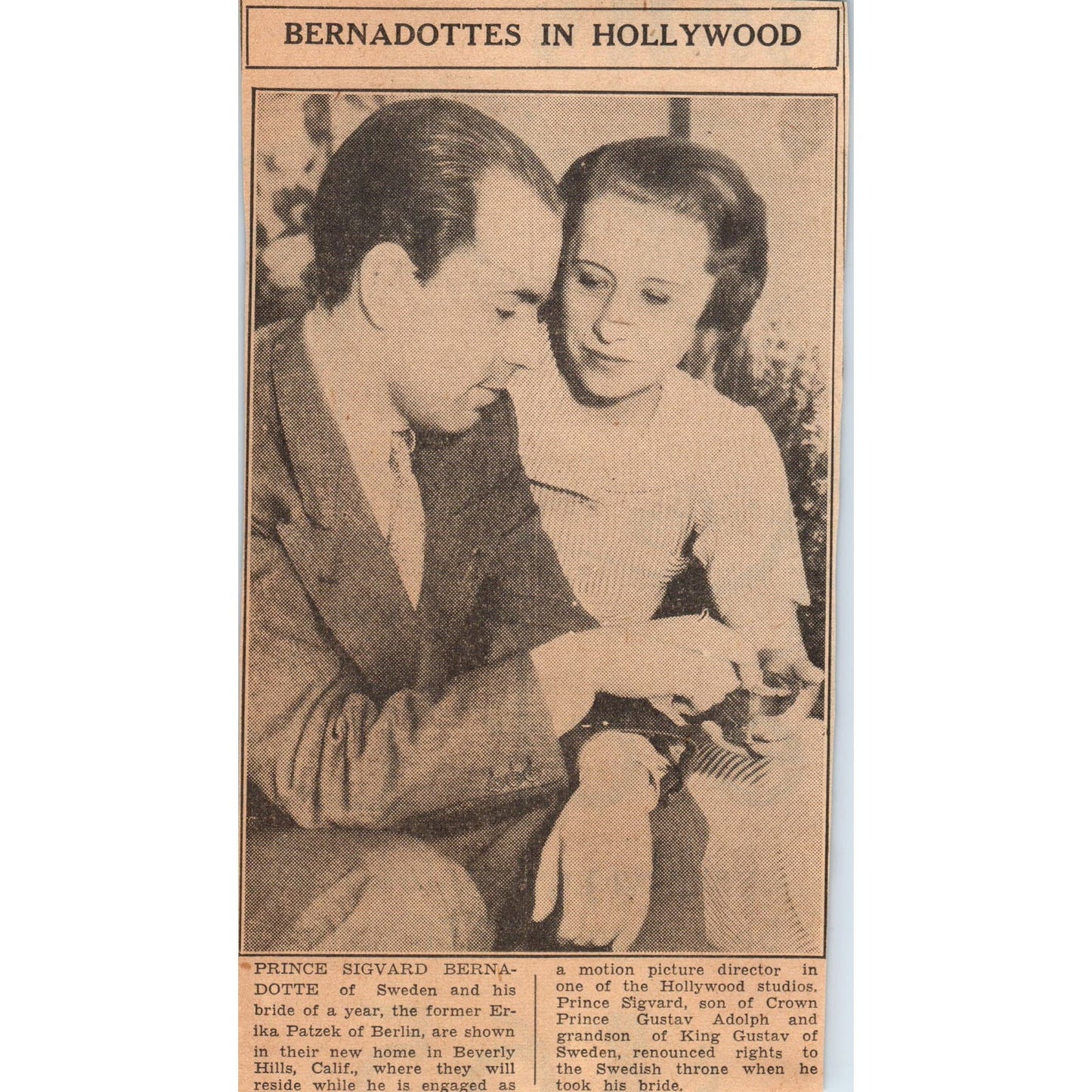 Sweden Prince Sigvard Bernadotte in Beverly Hills 1935 Newspaper Article AE7-N3