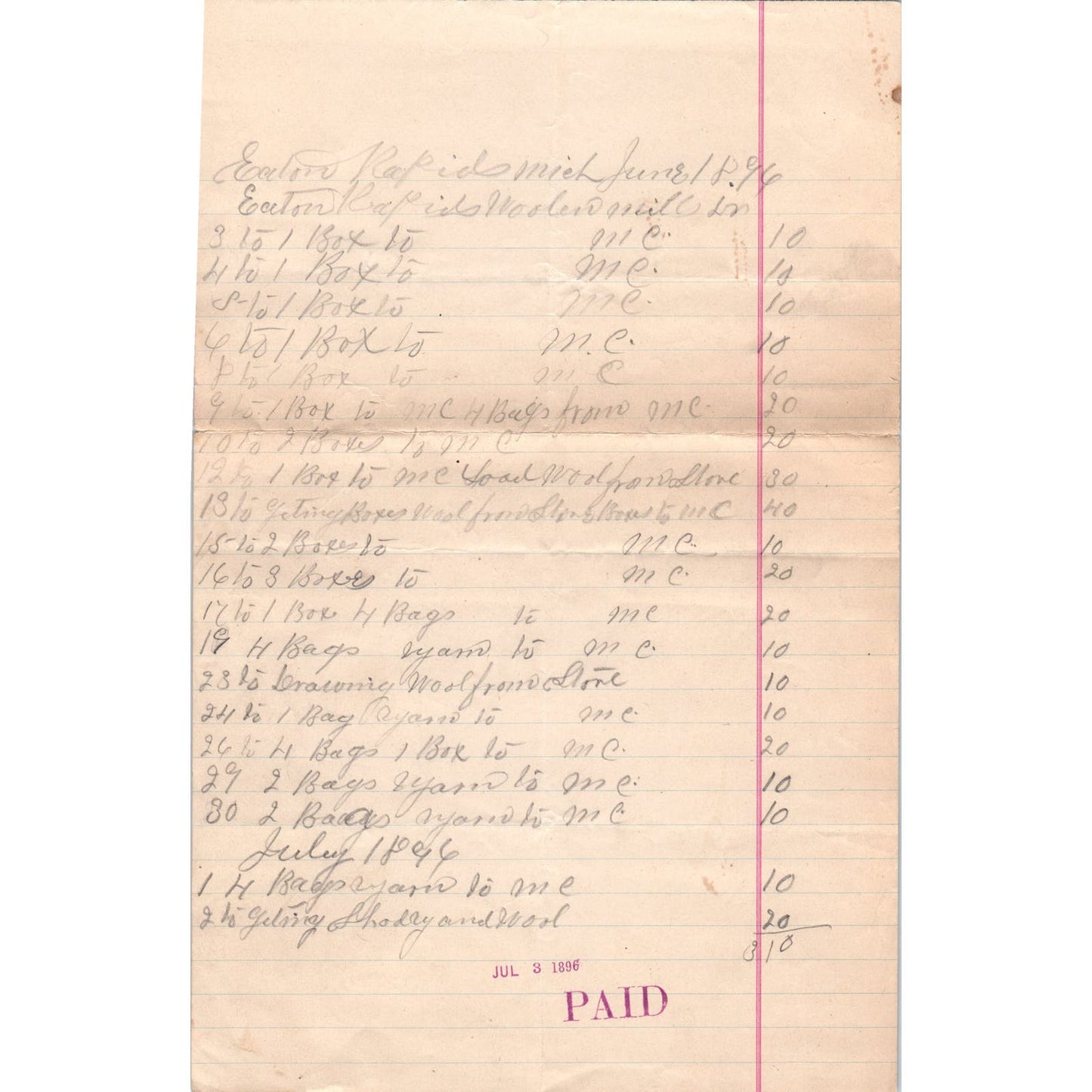 1896 Eaton Rapids Michigan Wool Handwritten Receipt Billhead 2 Pages D17