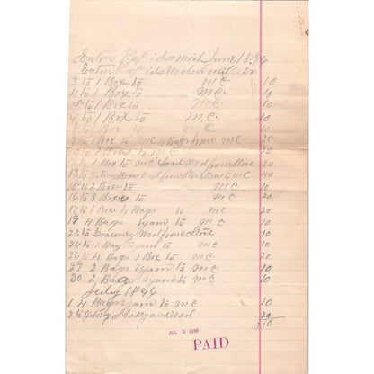 1896 Eaton Rapids Michigan Wool Handwritten Receipt Billhead 2 Pages D17