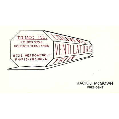 Jack J McGown Trimco Inc Houston TX Vintage Business Card SE5-B2