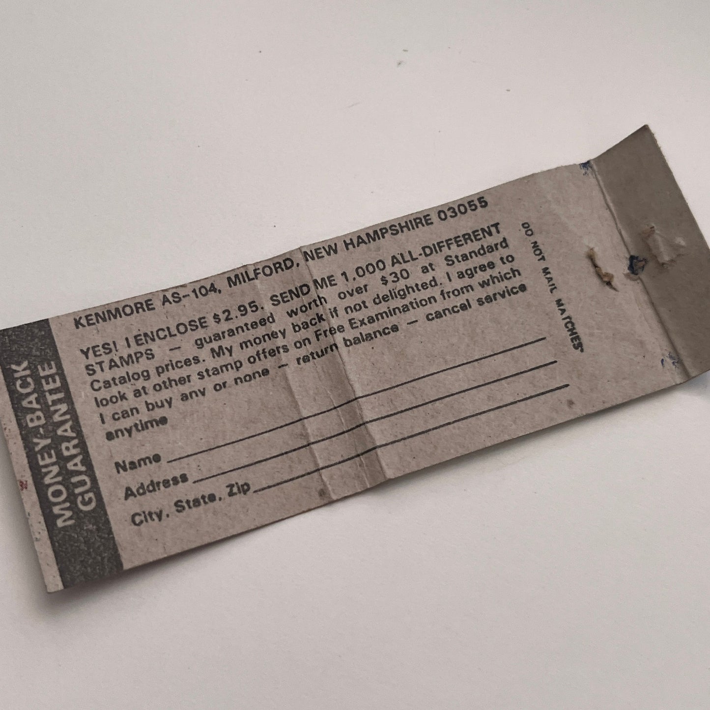 Stamps by Mail Kenmore As-104 Milford NH Vintage Matchbook Cover MM2-7