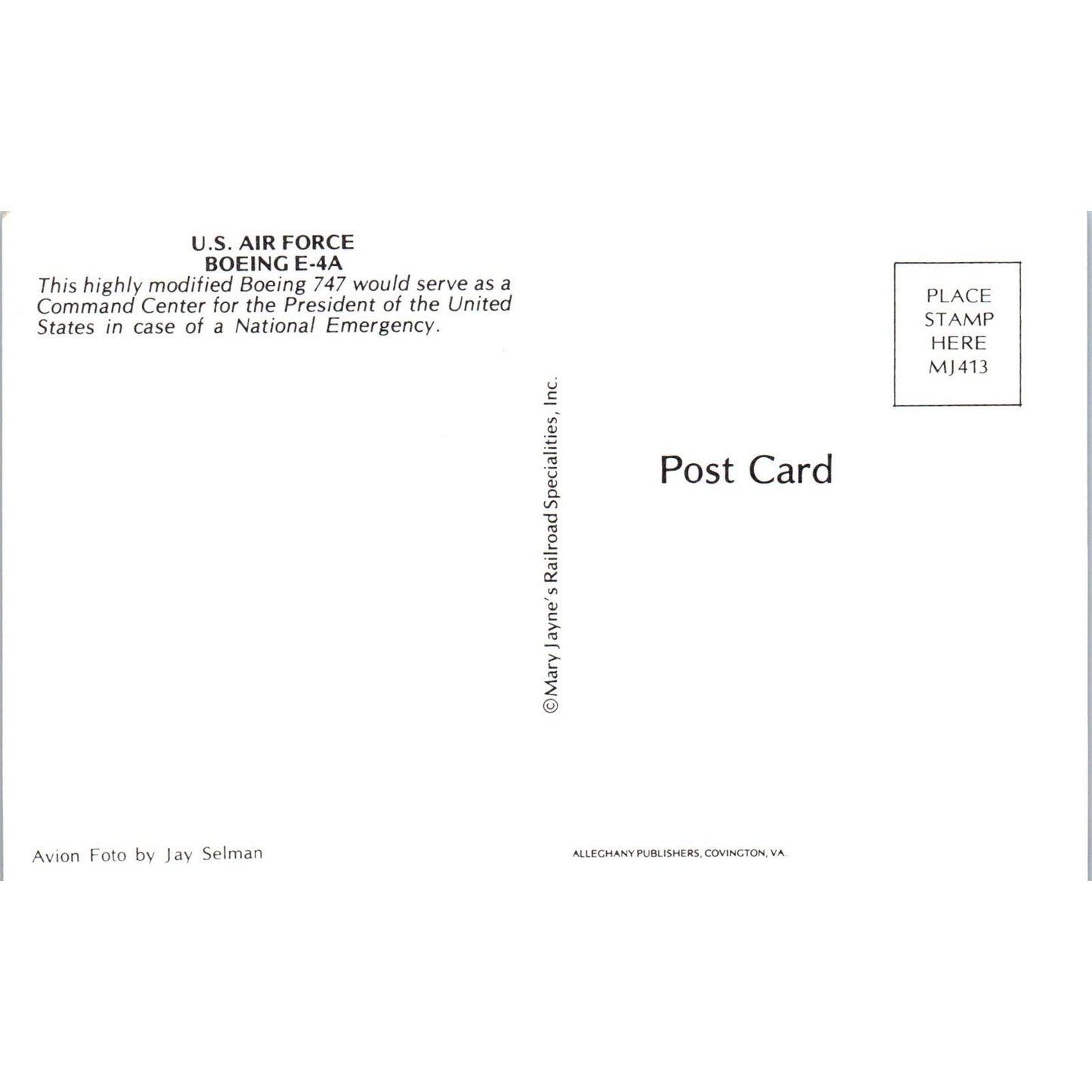 US Air Force Boeing E-4A Vintage Postcard TG8-PC