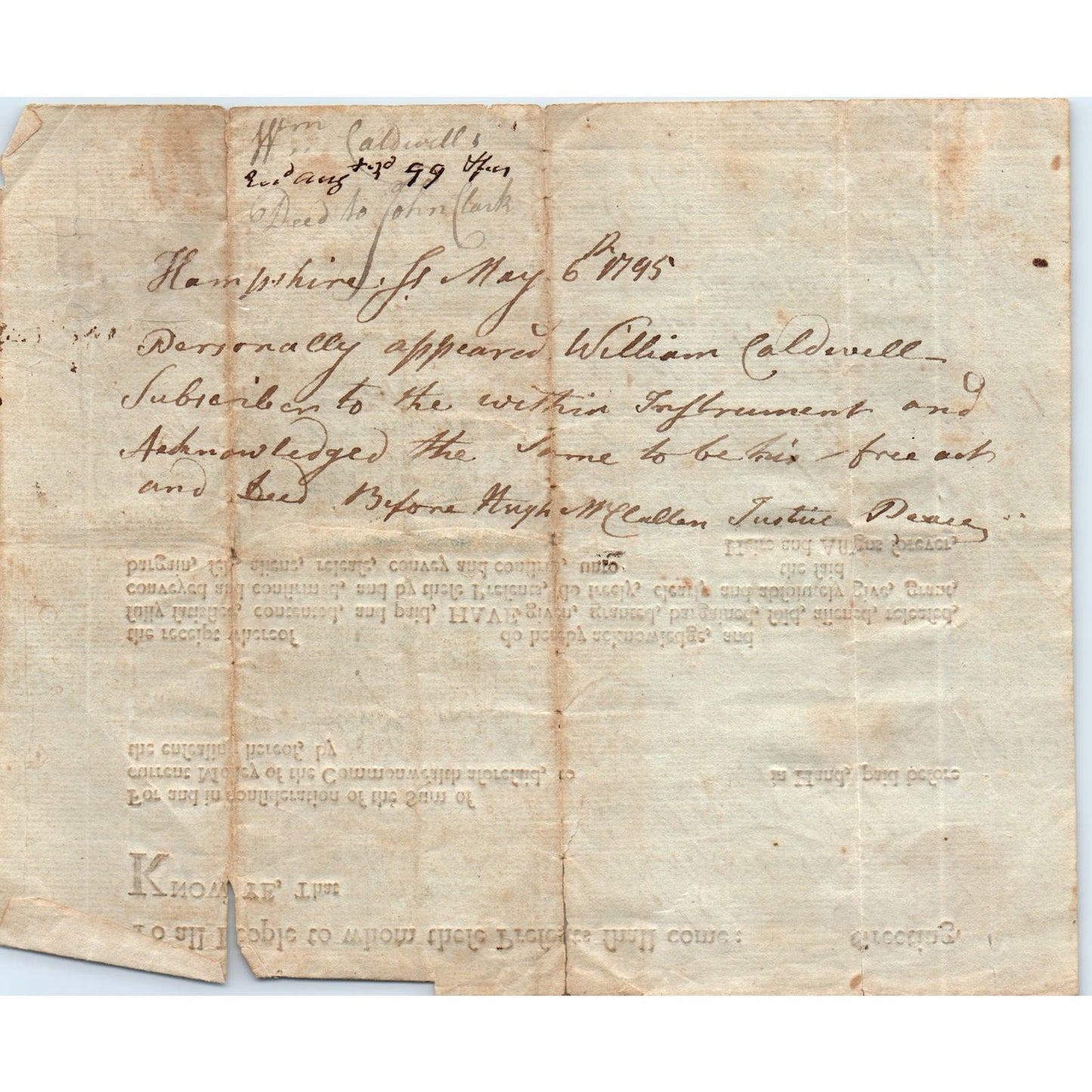 1795 Court Document J. William Caldwell Massachusetts John Clark AE6