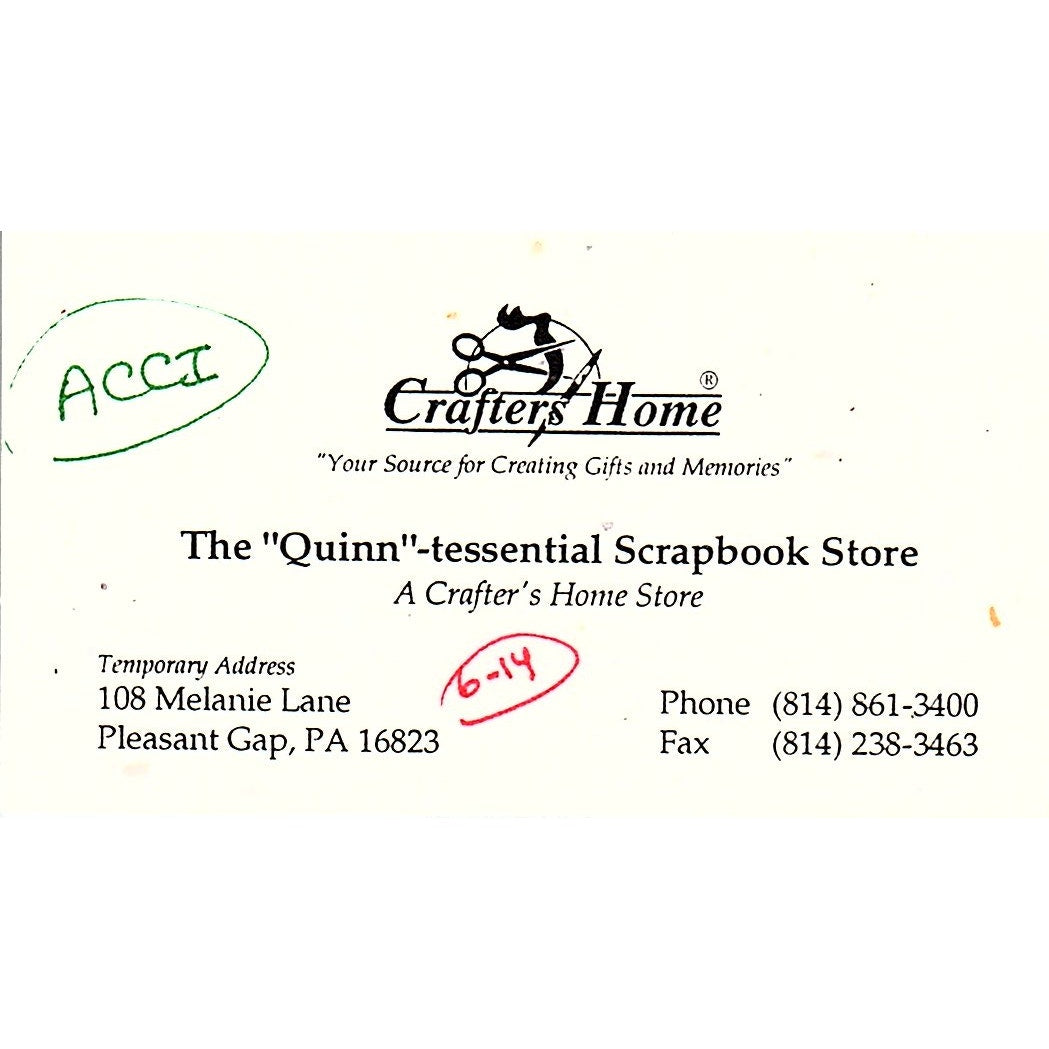 Crafters Home Pleasant Gap PA Vintage Business Card SC9-B9