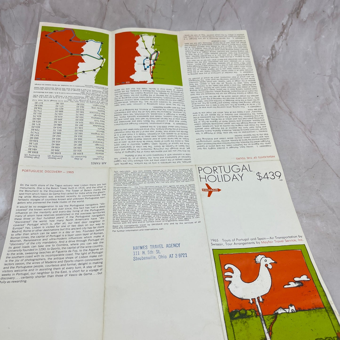 1965 Portugal Holiday SwissAir Timetables Travel Guide Fold Out Brochure TG7-EK