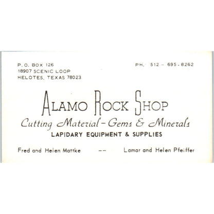 Alamo Rock Shop Mattke Pfeiffer Helotes TX Vintage Business Card SD8-B7