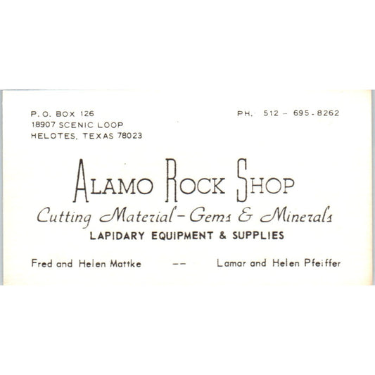 Alamo Rock Shop Mattke Pfeiffer Helotes TX Vintage Business Card SD8-B7
