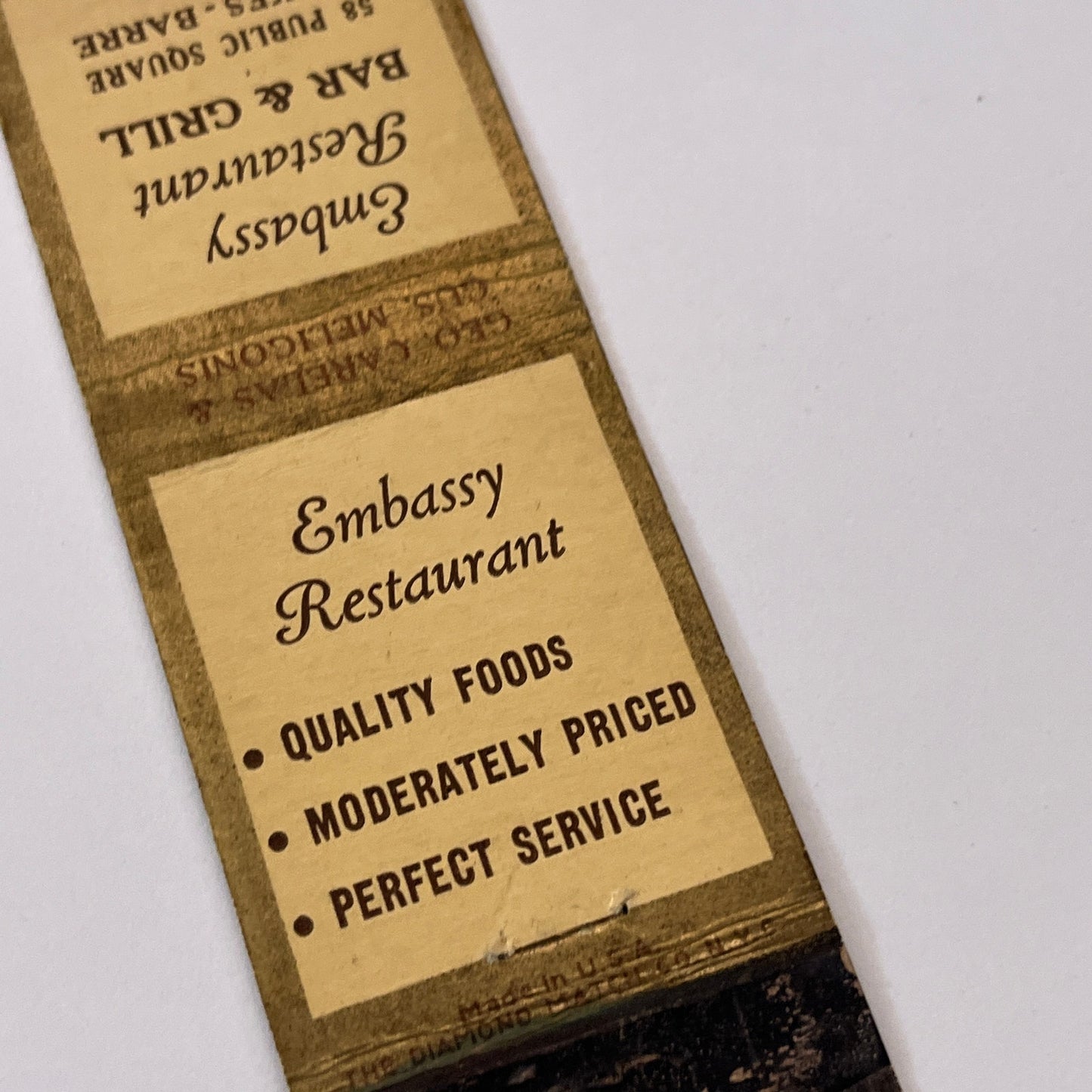 Embassy Restaurant Bar & Grill Wilkes-Barre PA Matchbook Cover TB6-MB1-15