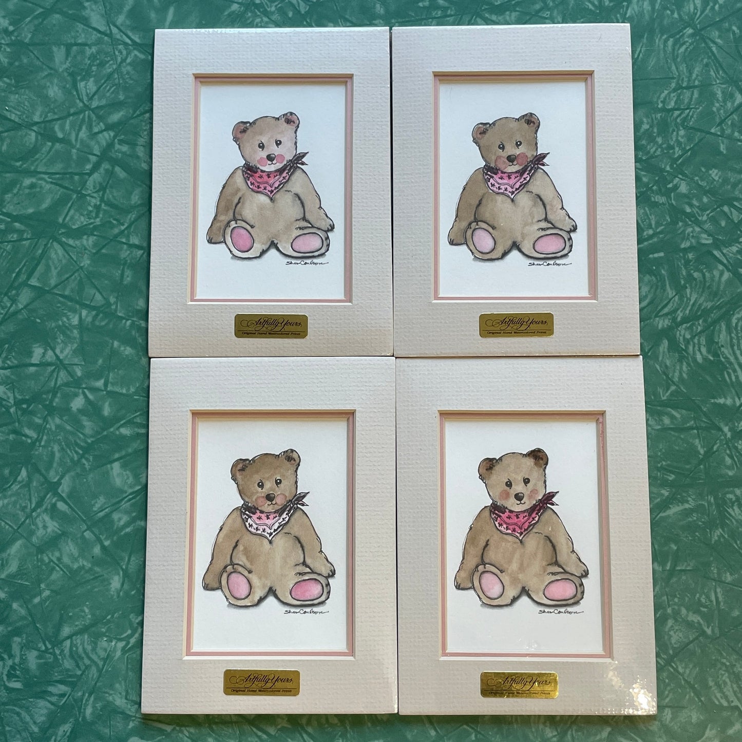 Teddy Bear Pink Accents 5x7 Matted Print Hand Watercolor, Signed Shar Coulson