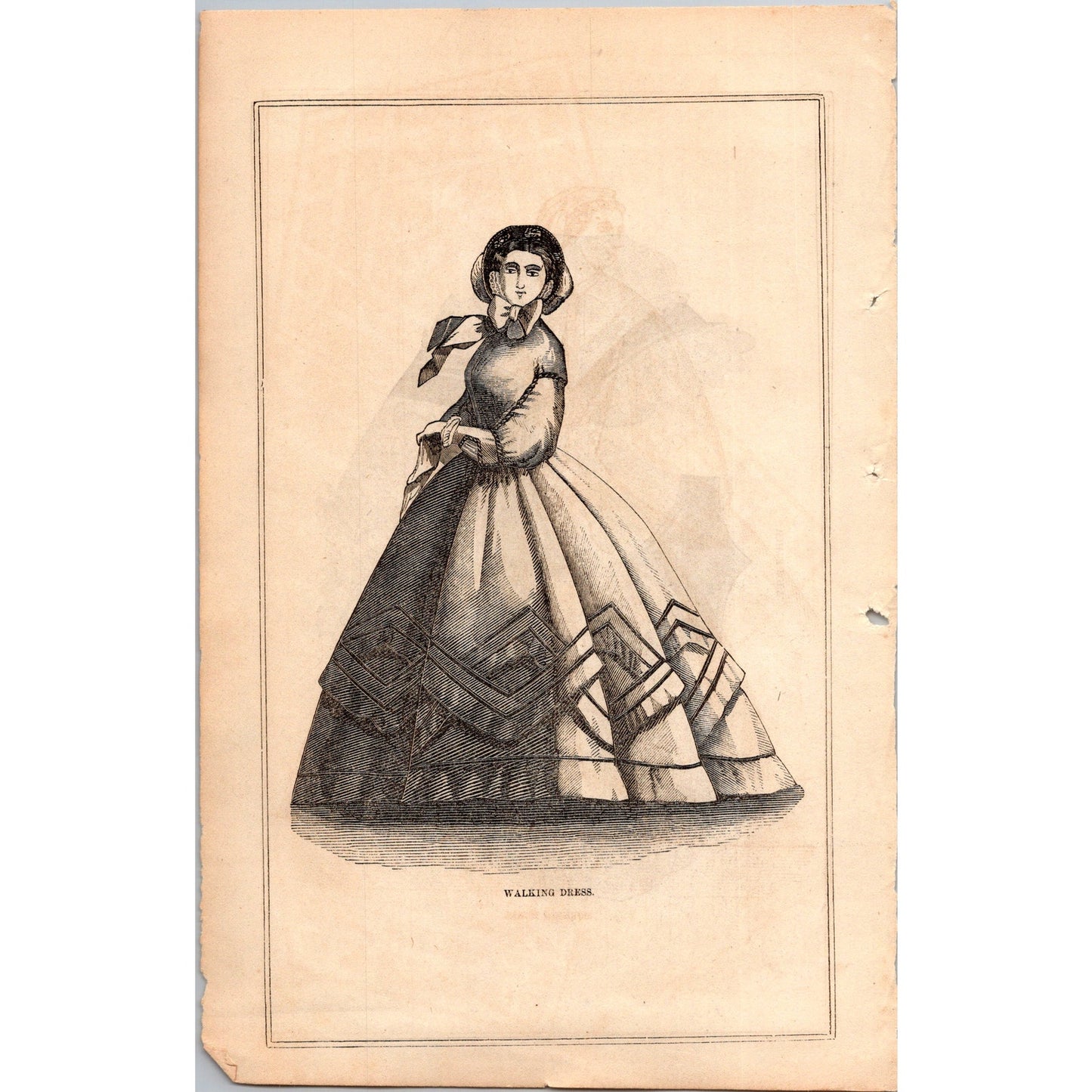 Original 1861 Walking Dress White Body Fashion Engraving Civil War Era AJ9-1