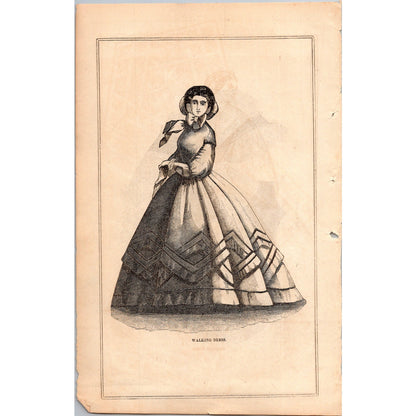 Original 1861 Walking Dress White Body Fashion Engraving Civil War Era AJ9-1