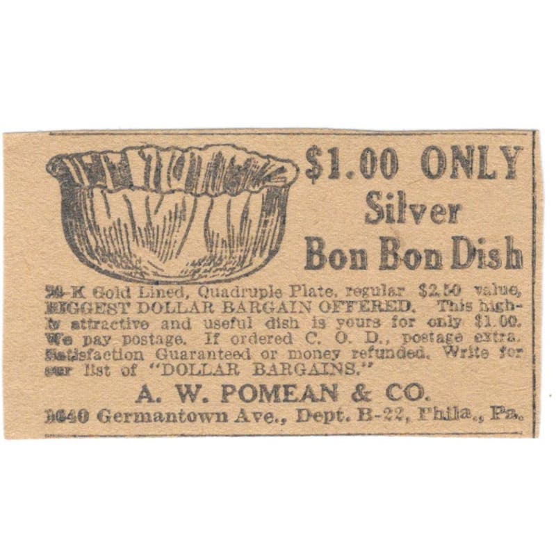 A.W. Pomean & Co Philadelphia PA Silver Bon Bon Dish 1923 Magazine Ad Clip AE1-6
