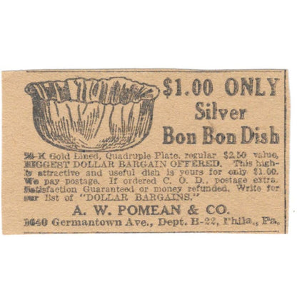A.W. Pomean & Co Philadelphia PA Silver Bon Bon Dish 1923 Magazine Ad Clip AE1-6