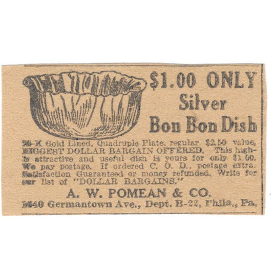 A.W. Pomean & Co Philadelphia PA Silver Bon Bon Dish 1923 Magazine Ad Clip AE1-6