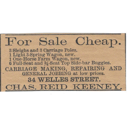 Chas Reid Keeney Carriage Maker Welles St Hartford 1886 Newspaper Ad AF7-SS8