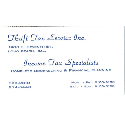 Thrift Tax Service Inc Long Beach CA Vintage Business Card SD8-B10