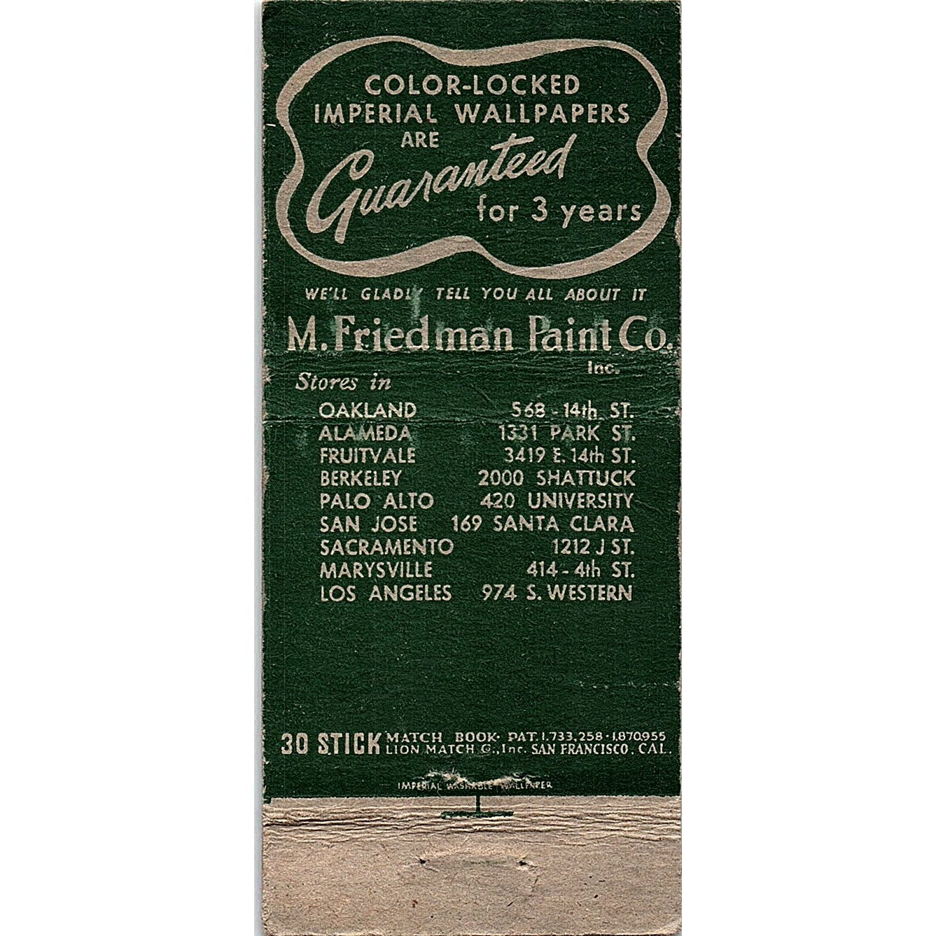 Imperial Washable Wallpapers M. Friedman Paint Co Vintage Matchbook TB6-MB2-7