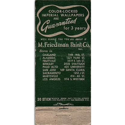 Imperial Washable Wallpapers M. Friedman Paint Co Vintage Matchbook TB6-MB2-7