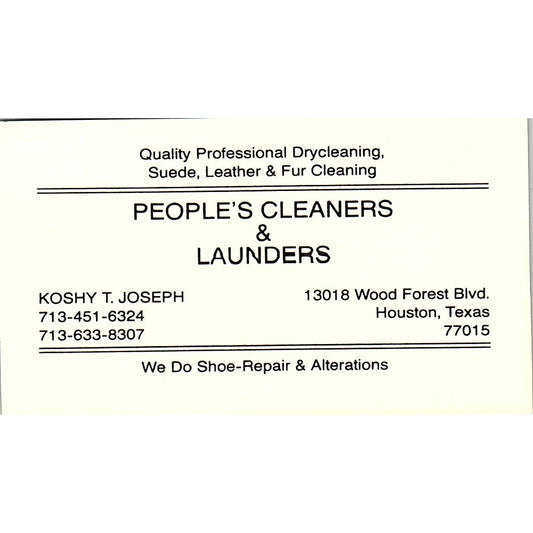 People's Cleaners & Launders Koshy T. Joseph Houston Texas Business Card SF3-B7