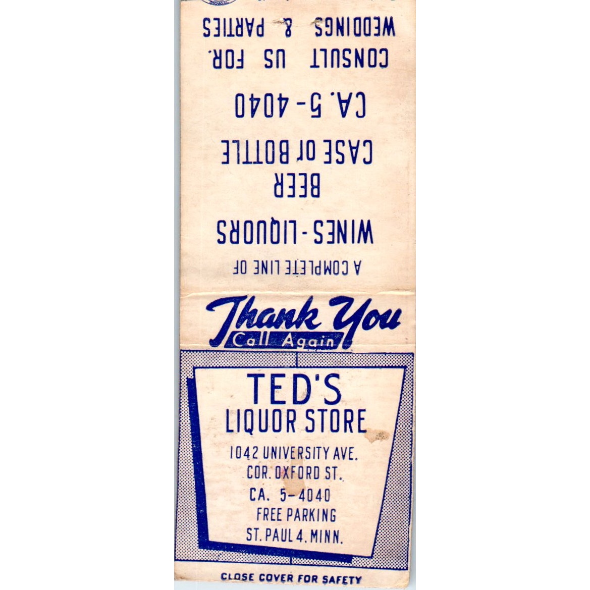 Ted's Liquor Store St. Paul MN Vintage Matchbook Cover SD2-Y8