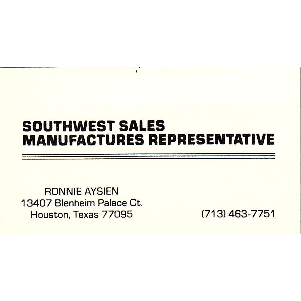Ronnie Aysien Southwest Sales Mfg Representative Houston Business Card SC9-B8