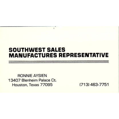 Ronnie Aysien Southwest Sales Mfg Representative Houston Business Card SC9-B8