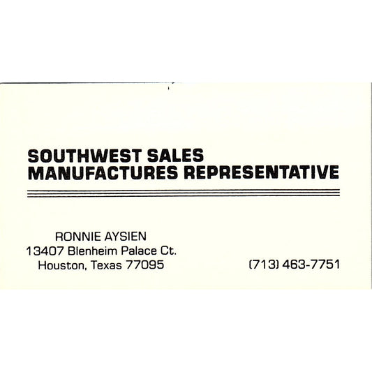 Ronnie Aysien Southwest Sales Mfg Representative Houston Business Card SC9-B8