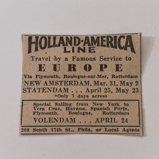 Holland-America Line Philadelphia PA 1931 Newspaper Ad SAG4-S13