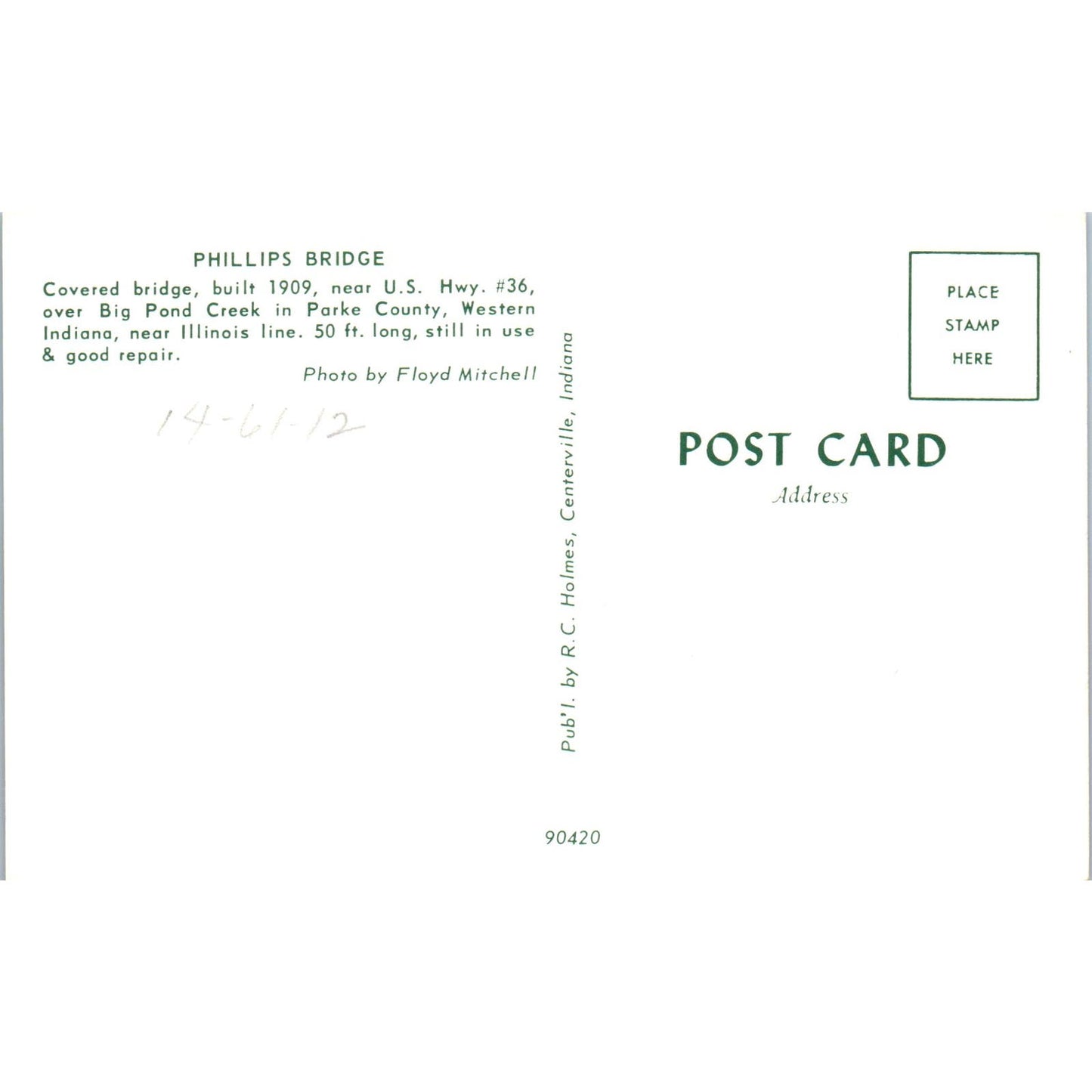 Phillips Bridge Parke County Big Pond Creek IN Covered Bridge Postcard PC6